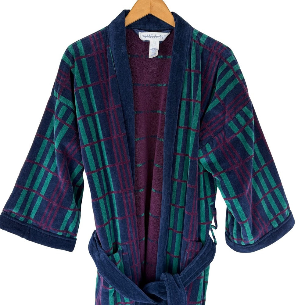 Perry Ellis Portfolio Mens Plaid Cotton Velour Robe Navy Green One Size OS